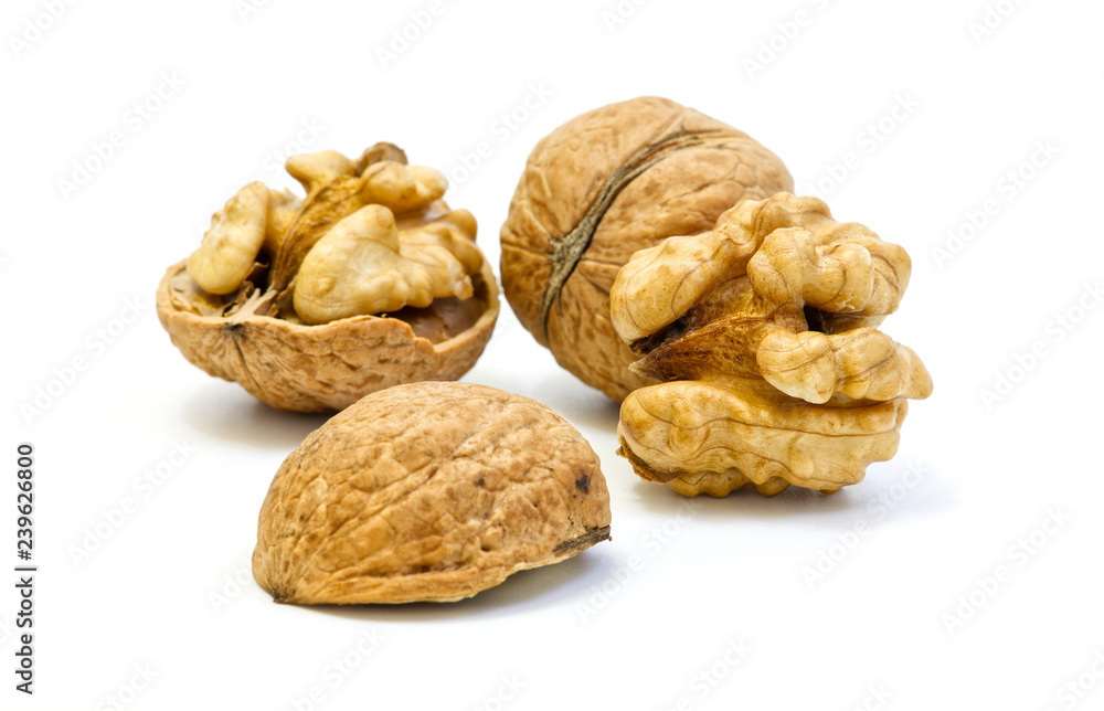 Walnuts, whole and opened on white background