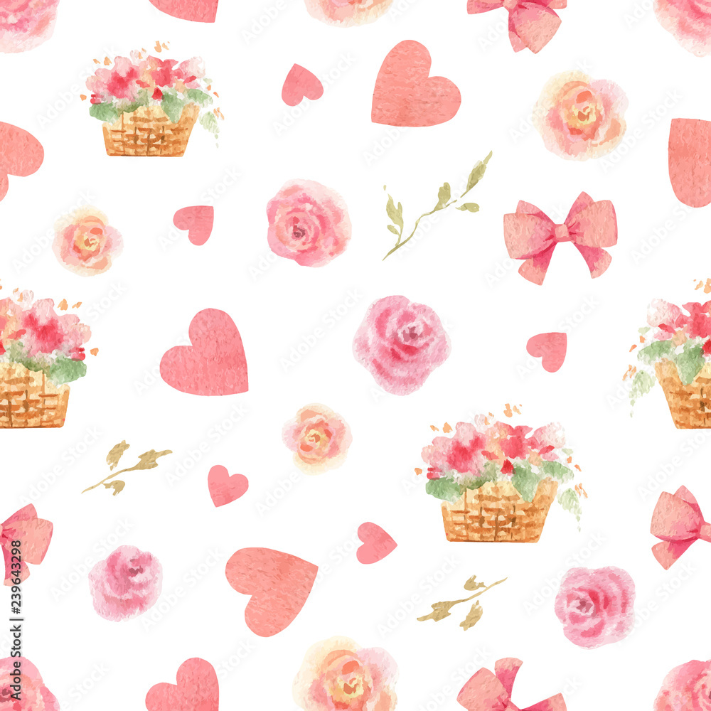 Happy Valentines day watercolor vector seamless pattern.