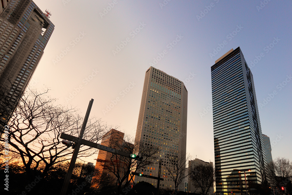 夕暮れの高層ビル群