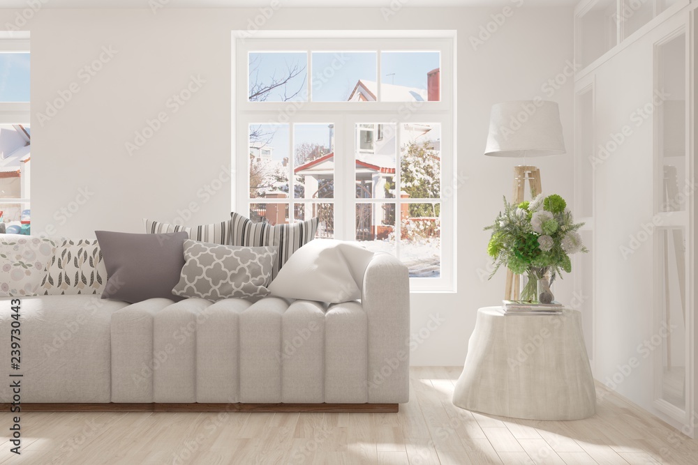 White room with sofa and winter landscape in window. Scandinavian interior design. 3D illustration