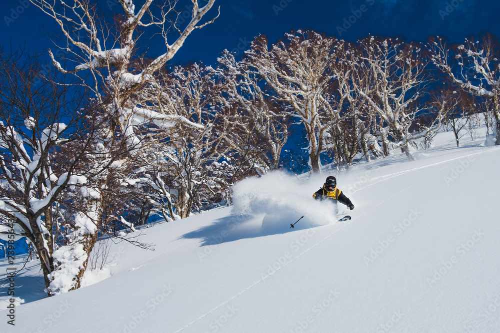 极限职业滑雪运动员在阳光明媚的日本山区粉碎厚厚的粉雪