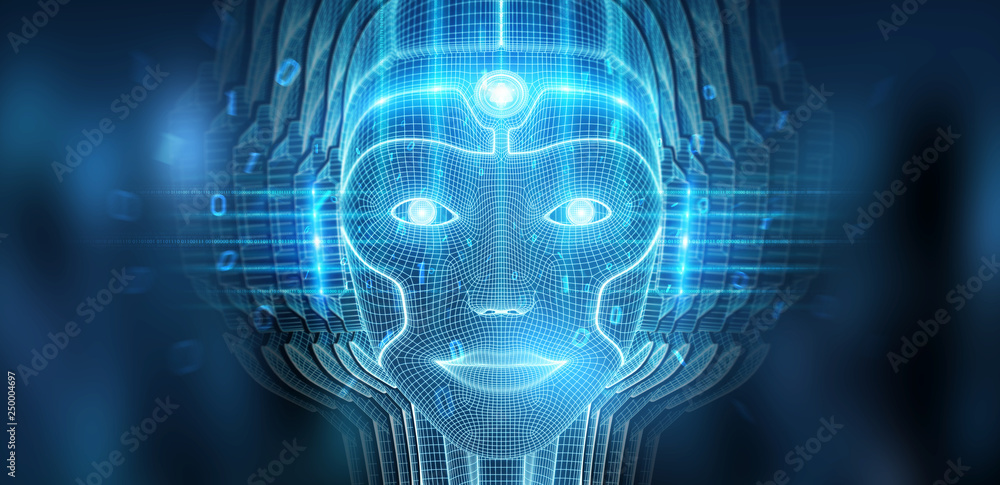 Robotic woman cyborg face representing artificial intelligence 3D rendering