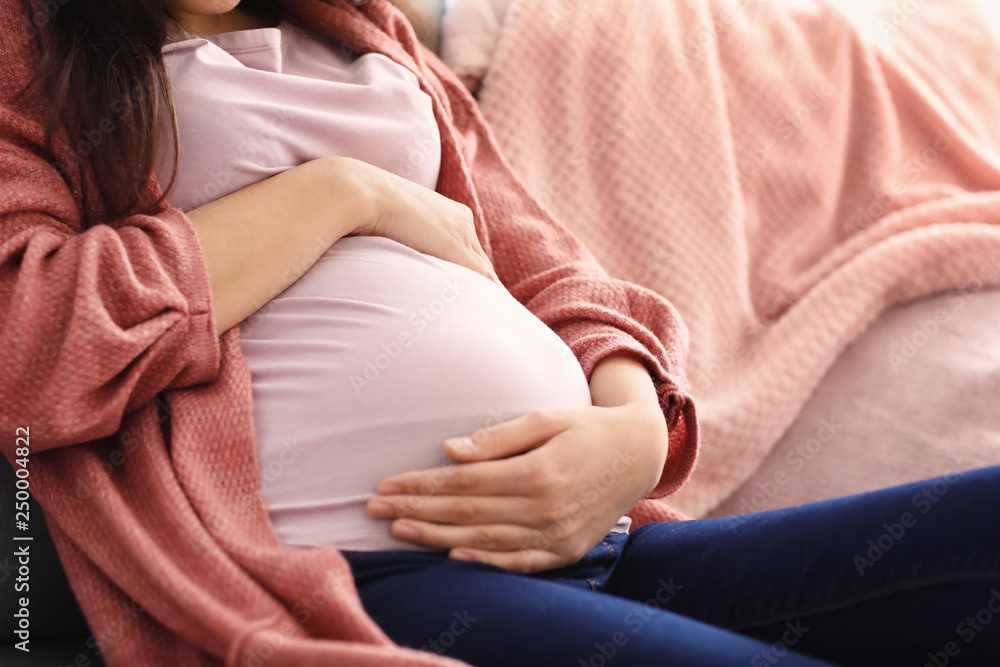 Beautiful pregnant woman at home, closeup