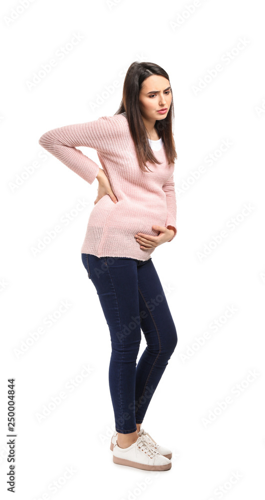 Pregnant woman suffering from pain on white background