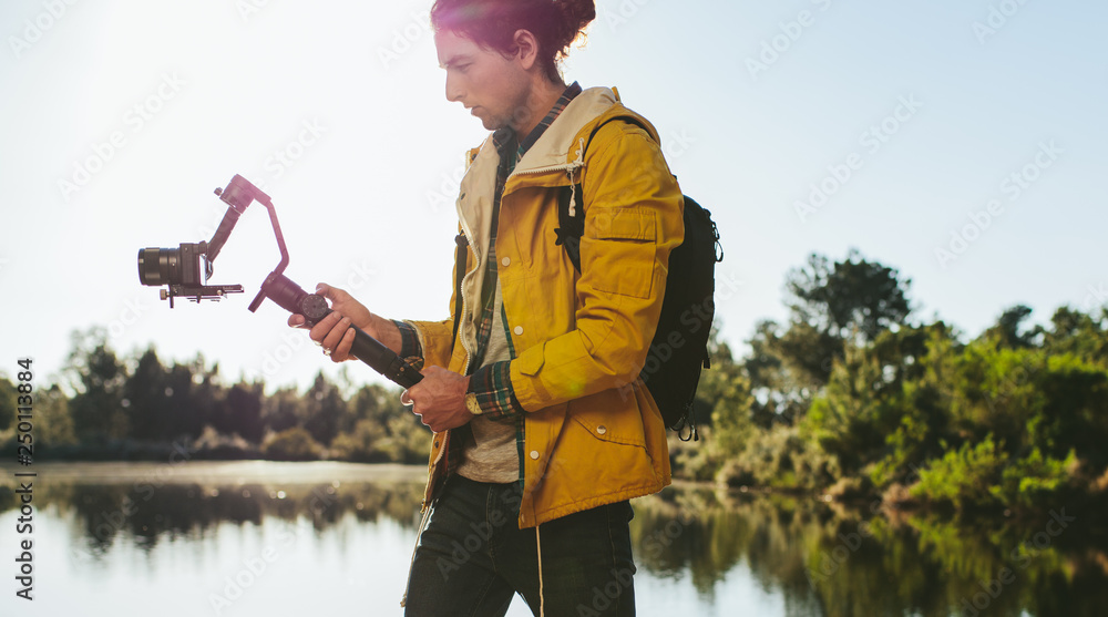 Content creator using advanced camera stabilizer gimbal