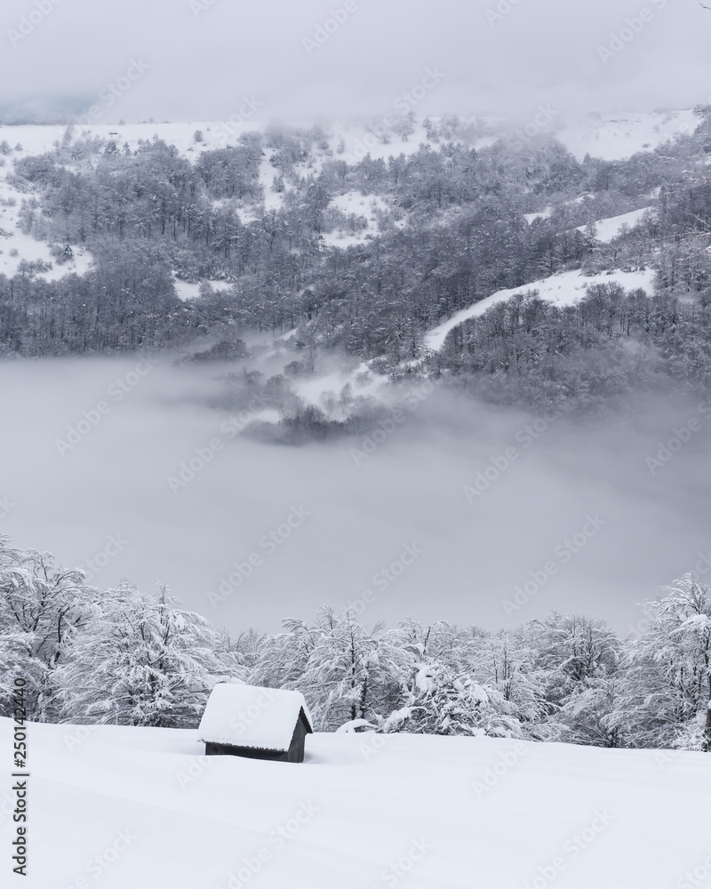 雪山木屋的奇妙冬季景观。圣诞节假期概念