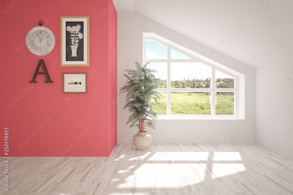 Bright coral stylish empty room with summer landscape in window. Scandinavian interior design. 3D il