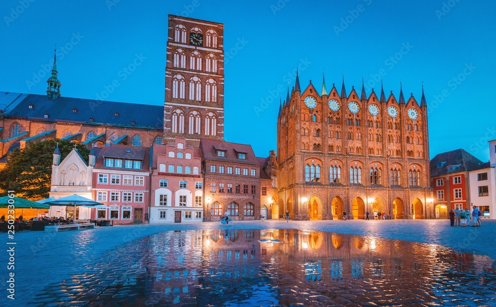 Historic town of Stralsund at twilight, Mecklenburg-Vorpommern, Germany