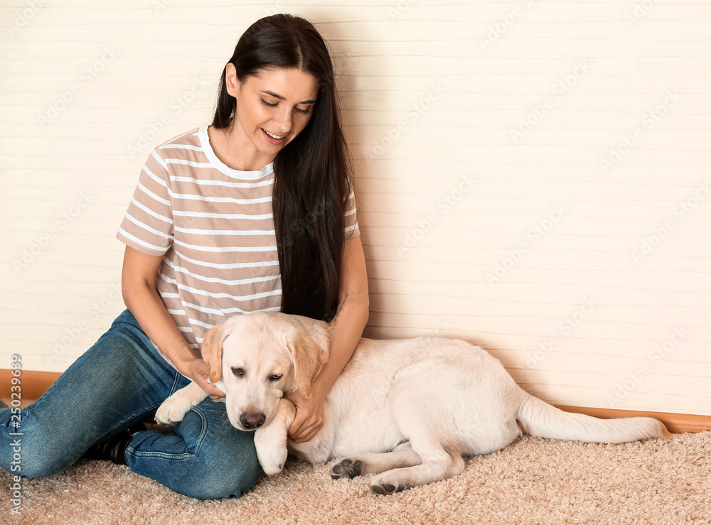 家里年轻女子和她可爱的拉布拉多犬的肖像