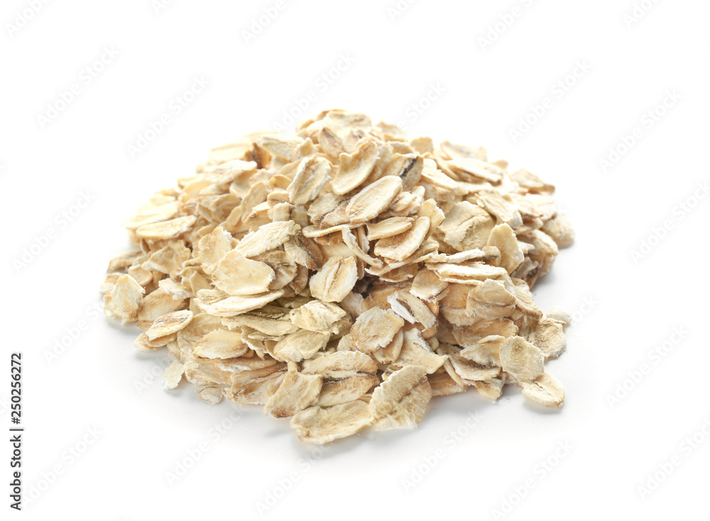 Heap of raw oatmeal on white background