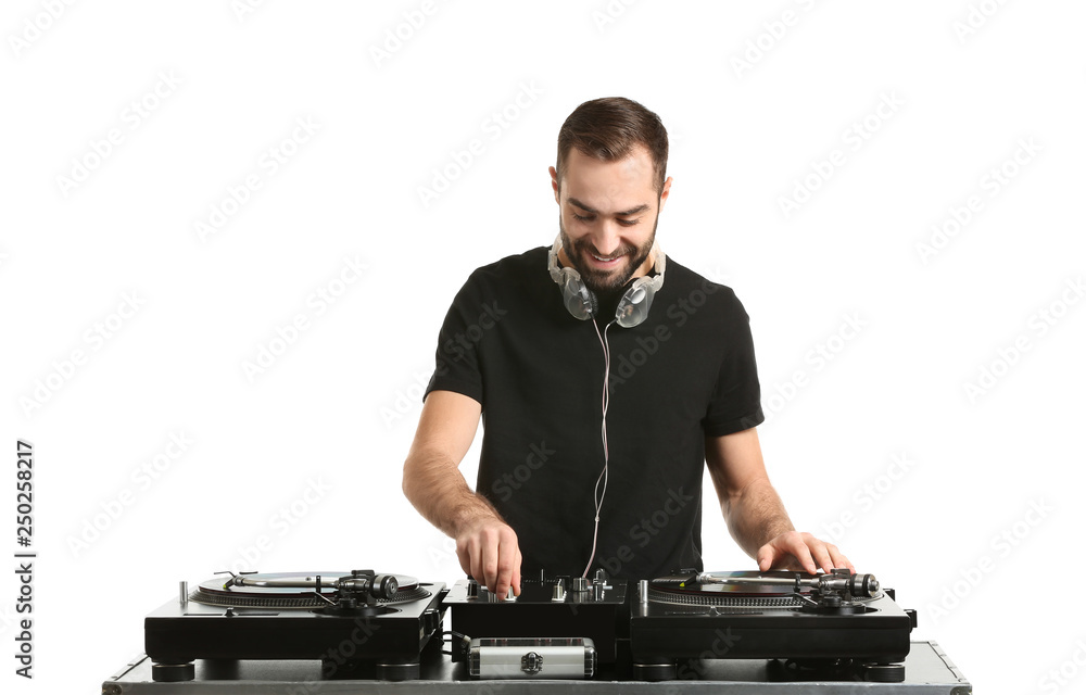 Male DJ playing music on white background