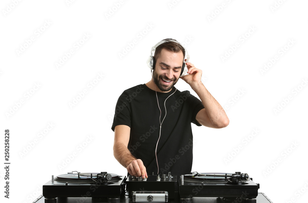 Male DJ playing music on white background