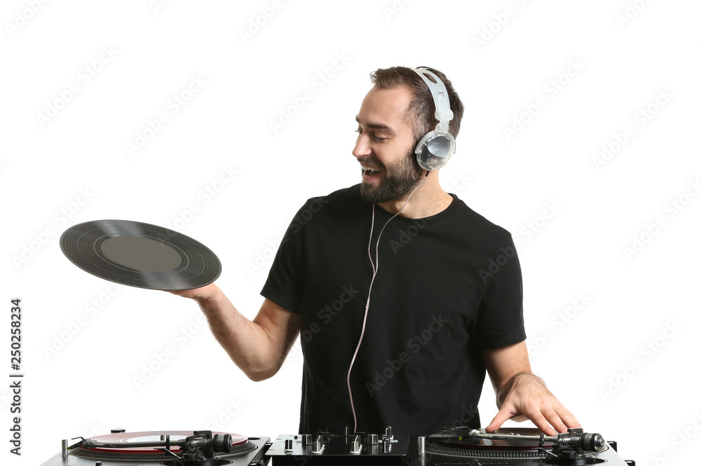 Male DJ playing music on white background