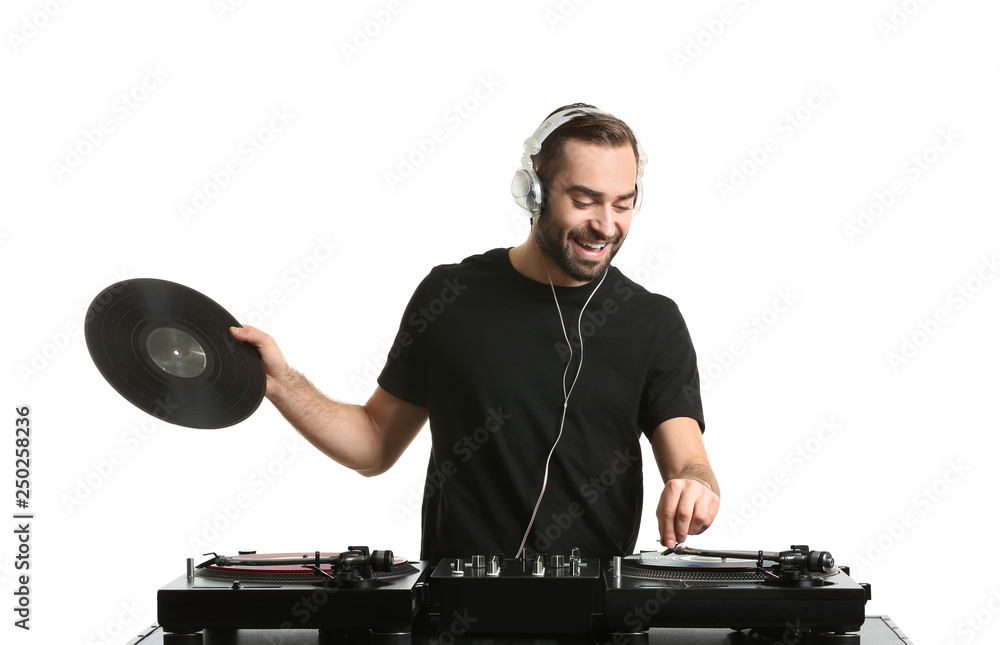 Male DJ playing music on white background