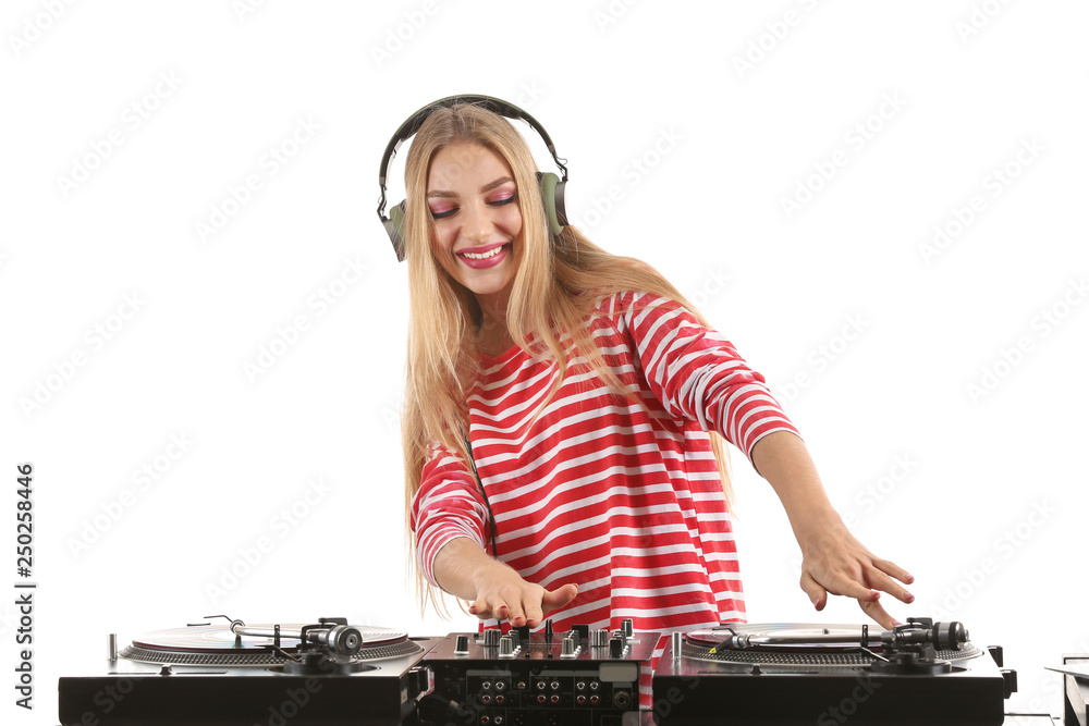 Female DJ playing music on white background