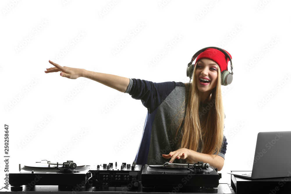 Female DJ playing music on white background