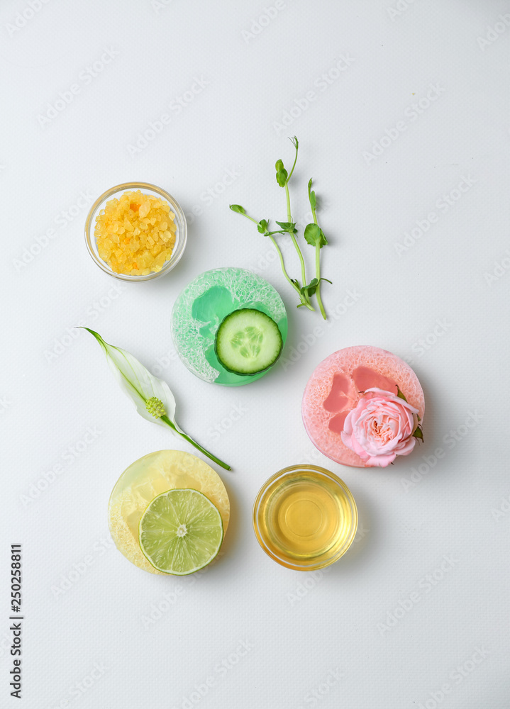 Natural ingredients for cosmetic and soap on white background