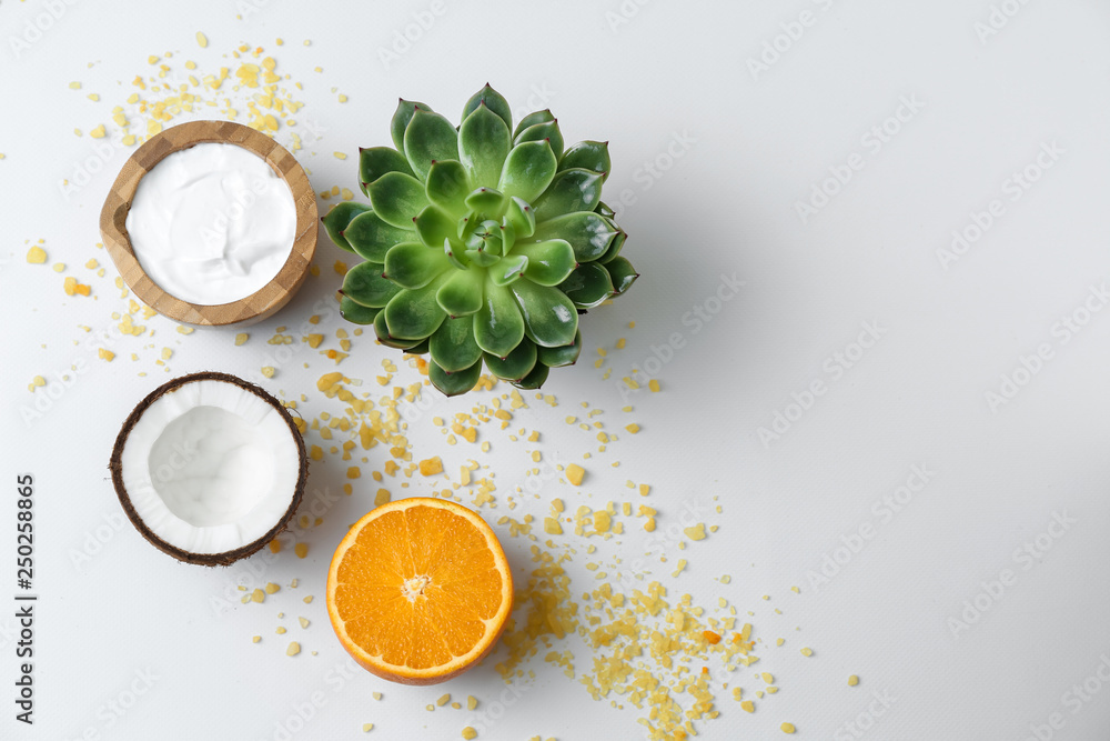 Natural ingredients for cosmetic on white background