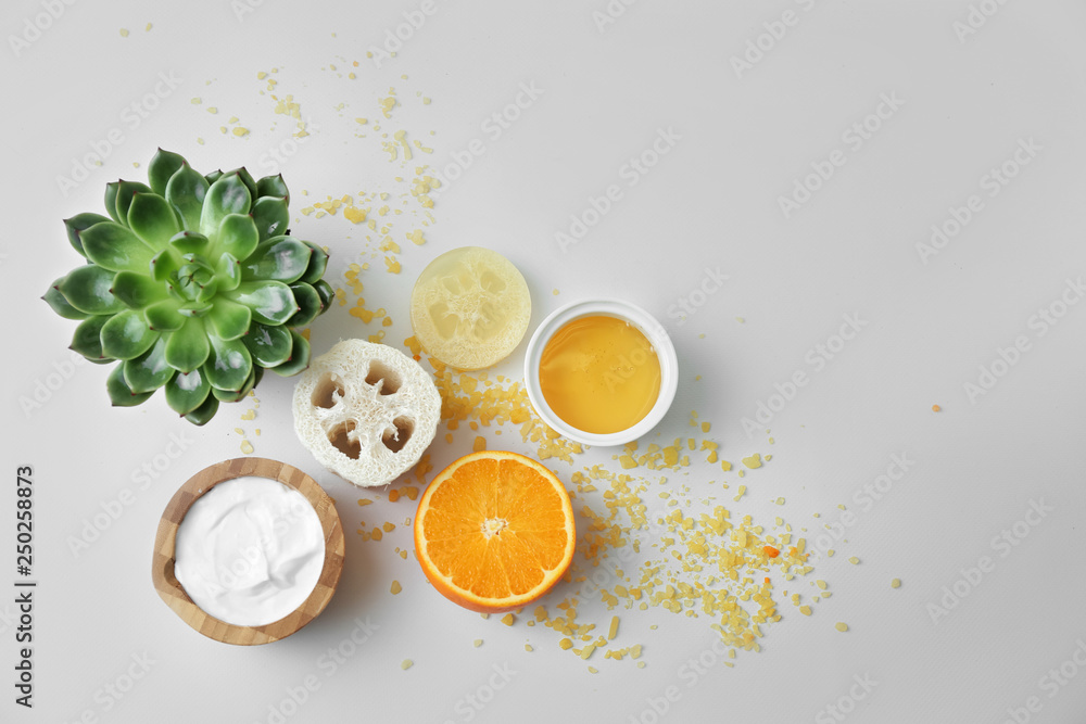 Natural ingredients for cosmetic on white background