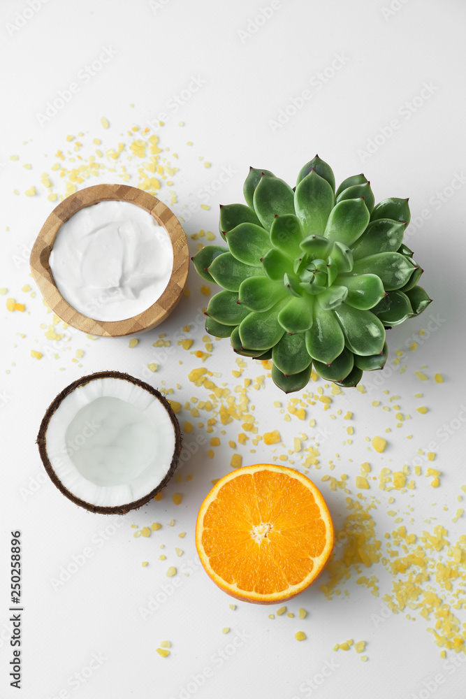 Natural ingredients for cosmetic on white background