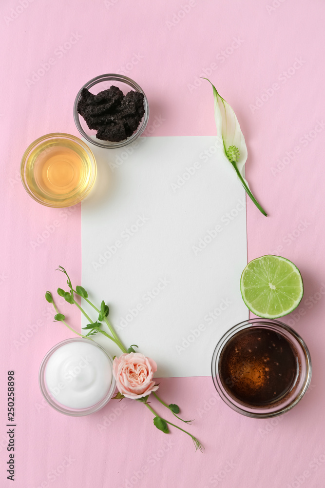 Natural ingredients for cosmetic and blank paper on color background