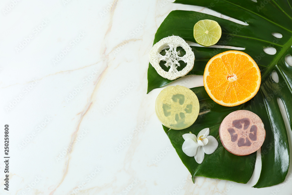 Natural ingredients for cosmetic on light background