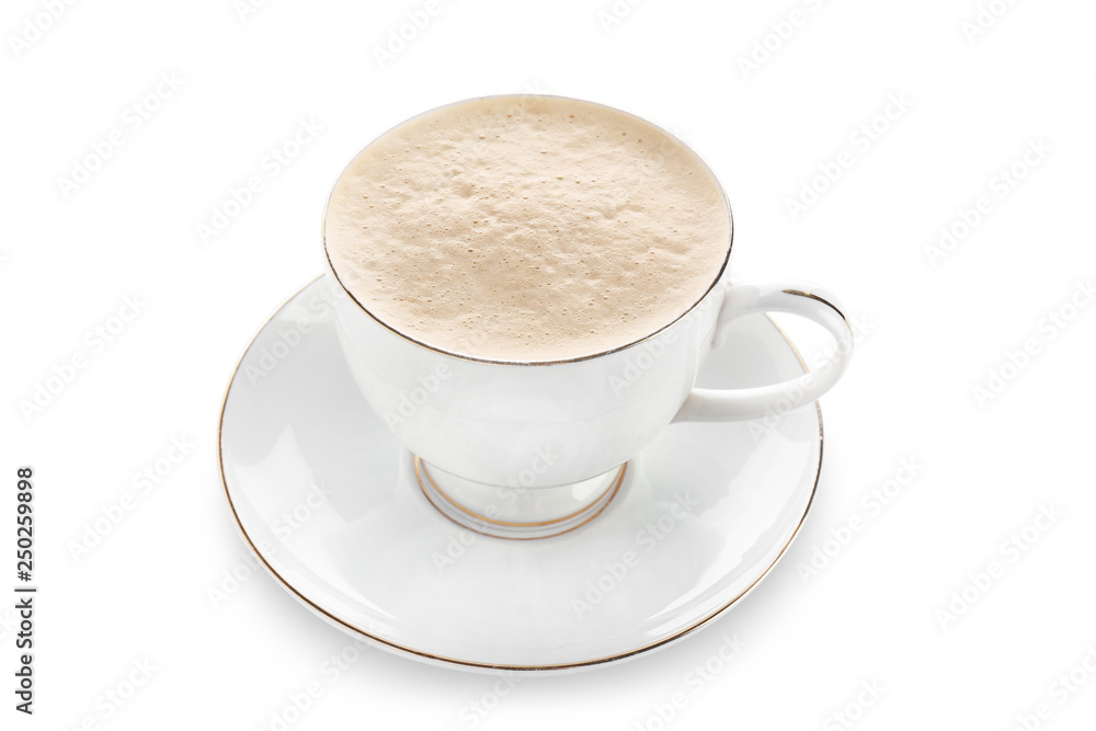 Cup of hot coffee on white background