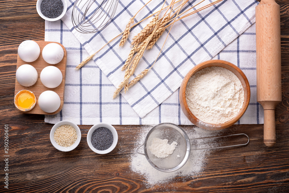 Ingredients for making bread on table