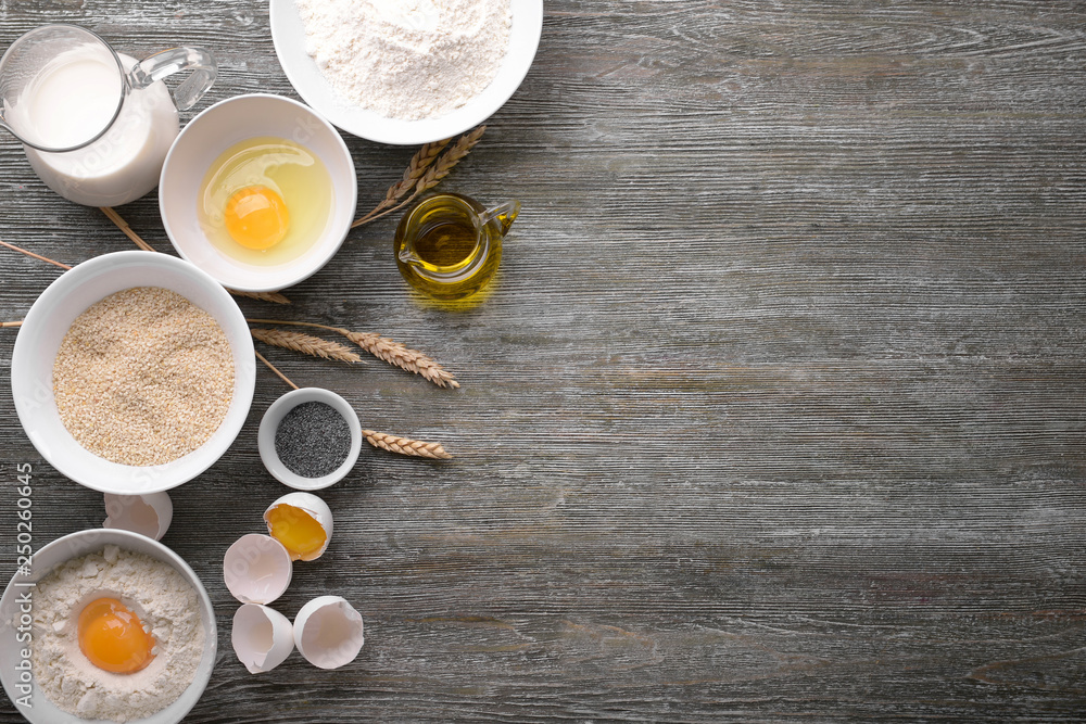 Ingredients for making bread on table