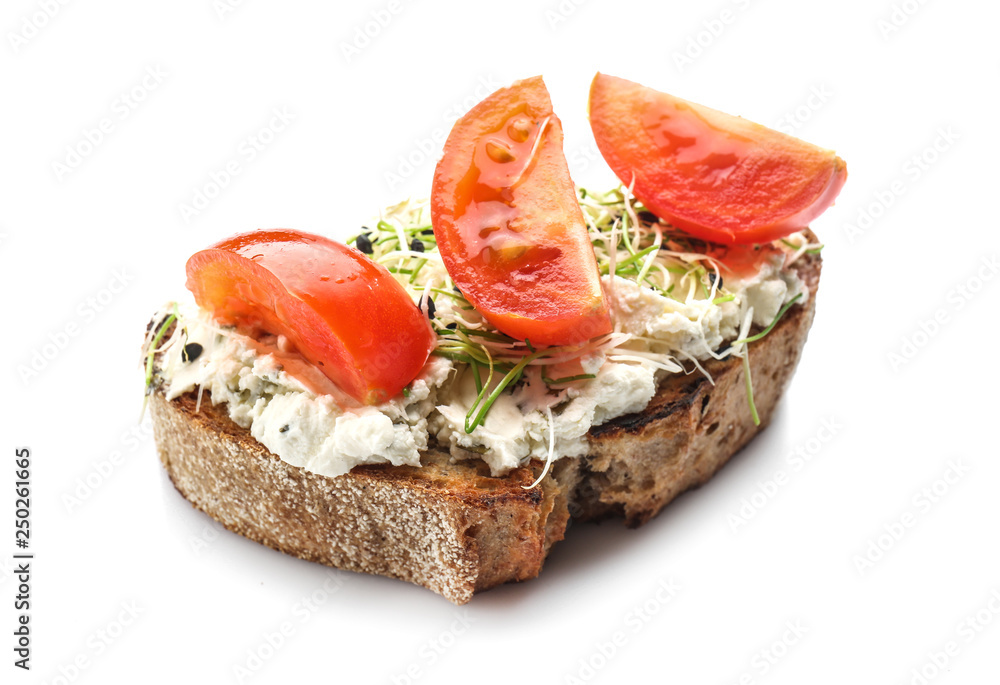 Fresh tasty bruschetta on white background