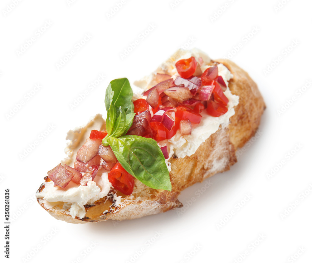 Fresh tasty bruschetta on white background