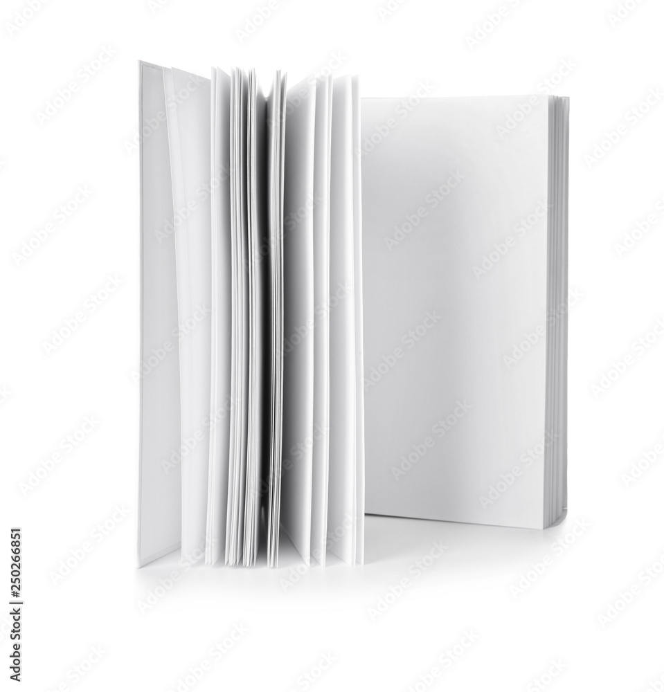 Book with blank pages on white background