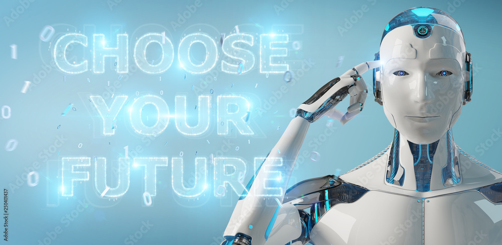 White cyborg using future decision text interface 3D rendering