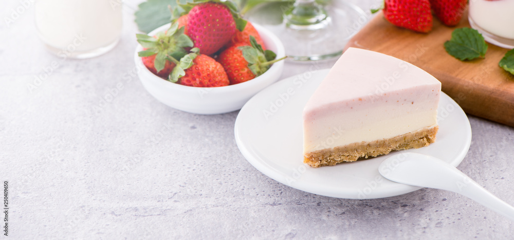 Delicious and nutritious handmade strawberry no bake frozen gradient colour fromage frais cheesecake