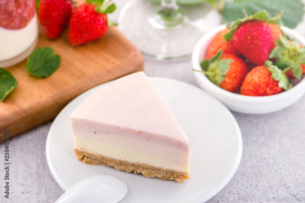 Delicious and nutritious handmade strawberry no bake frozen gradient colour fromage frais cheesecake