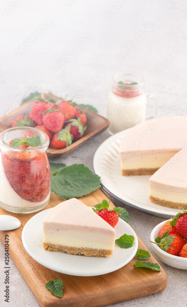 Delicious and nutritious handmade strawberry no bake frozen gradient colour fromage frais cheesecake