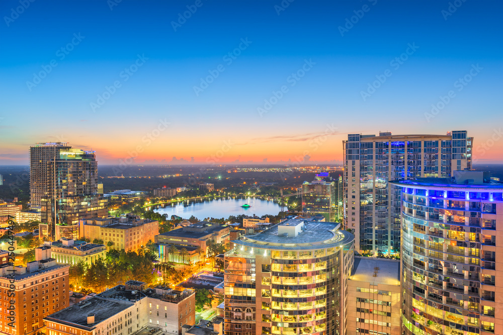 Orlando, Florida, USA aerial skyline towards Lake Eola