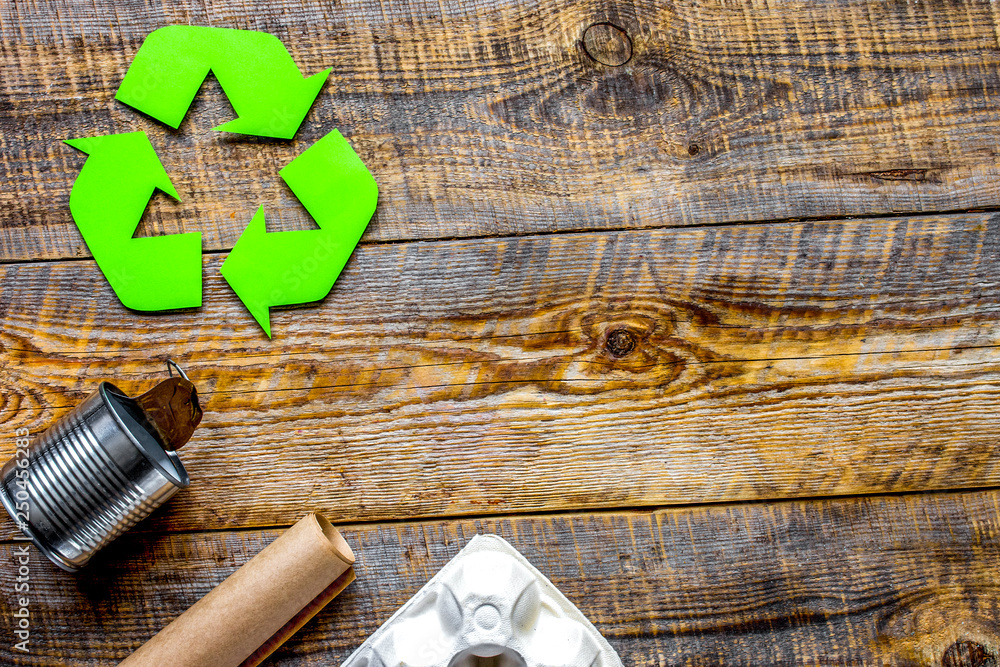 environment concept with recycling symbol on rustic background top view mockup