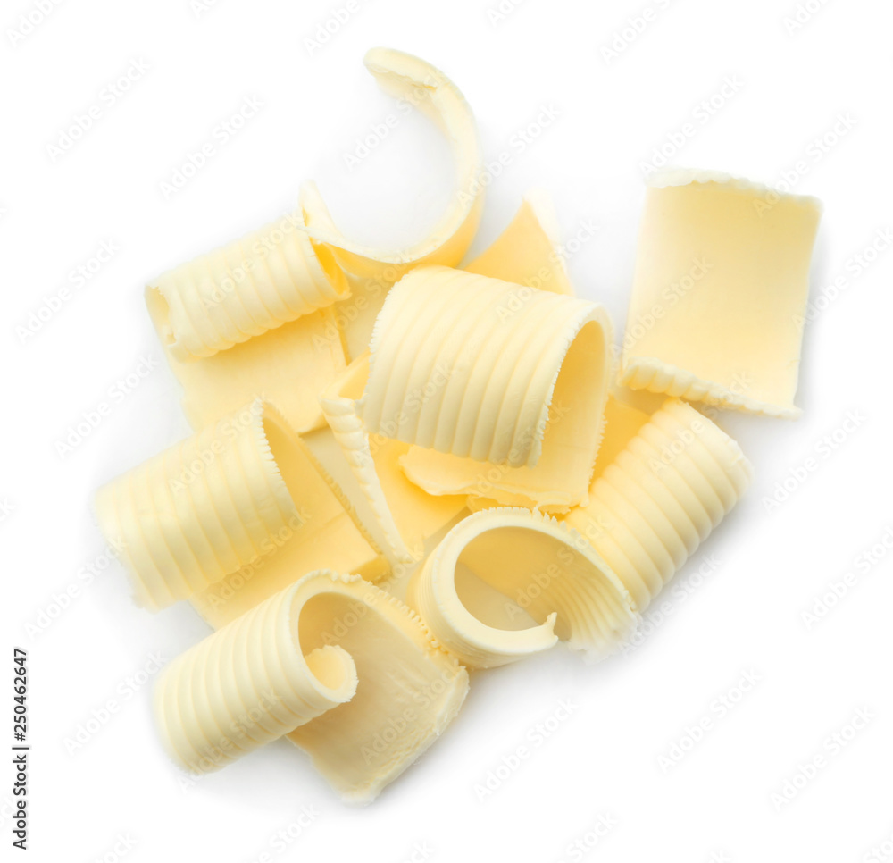 Butter curls on white background