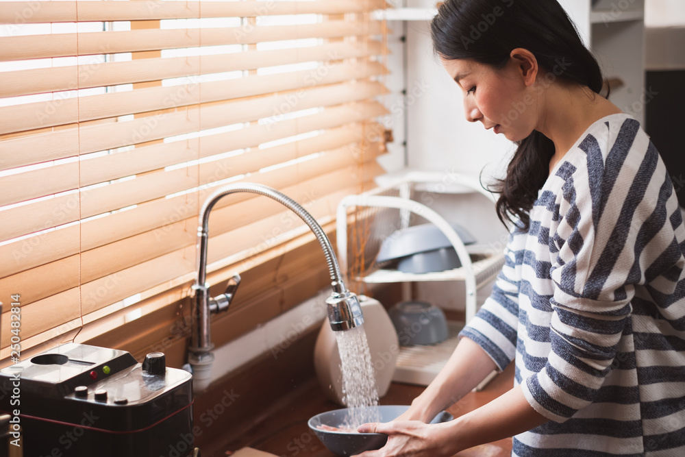 Asian maid housewife washing cleaning dishes in kitchen