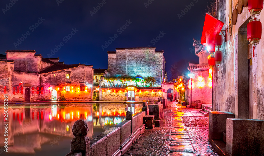 The Old Street Nightscape of Hongcun Ancient Town in China..