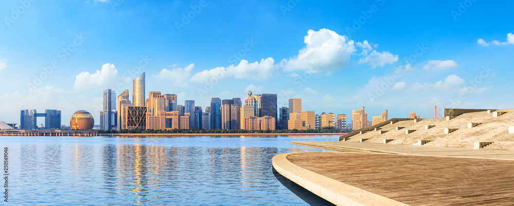 Hangzhou city skyline and empty wooden platform