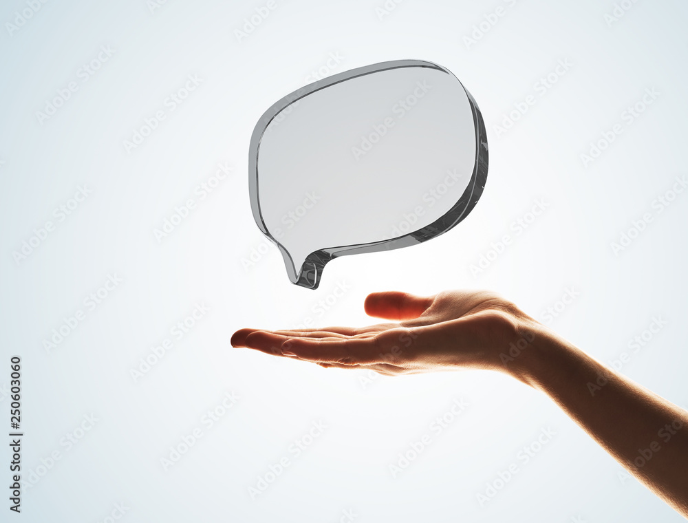 Concept of communication by glass empty chat icon on gray background