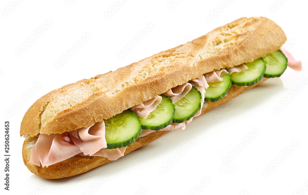 Baguette sandwich with ham and cucumber