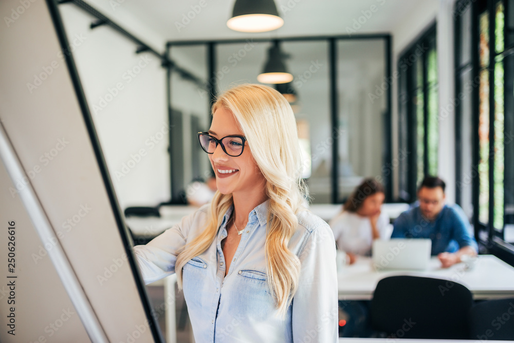 Happy woman writing on a white board with staff members sitting in the background.