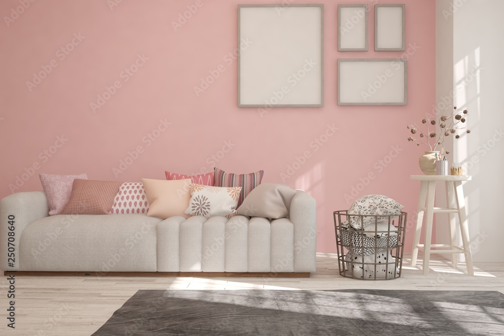 Coral stylish minimalist room with sofa. Scandinavian interior design. 3D illustration