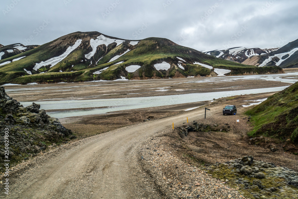 Road to Landmanalaugar on highlands of Iceland.