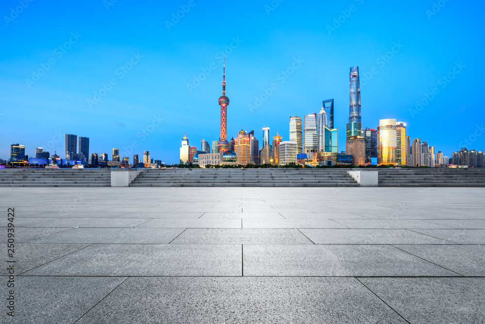 Empty square floor with panoramic city skyline in shanghai,china