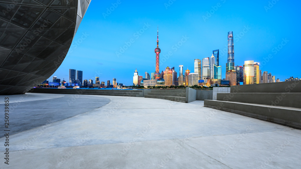 Empty square floor with panoramic city skyline in shanghai,china