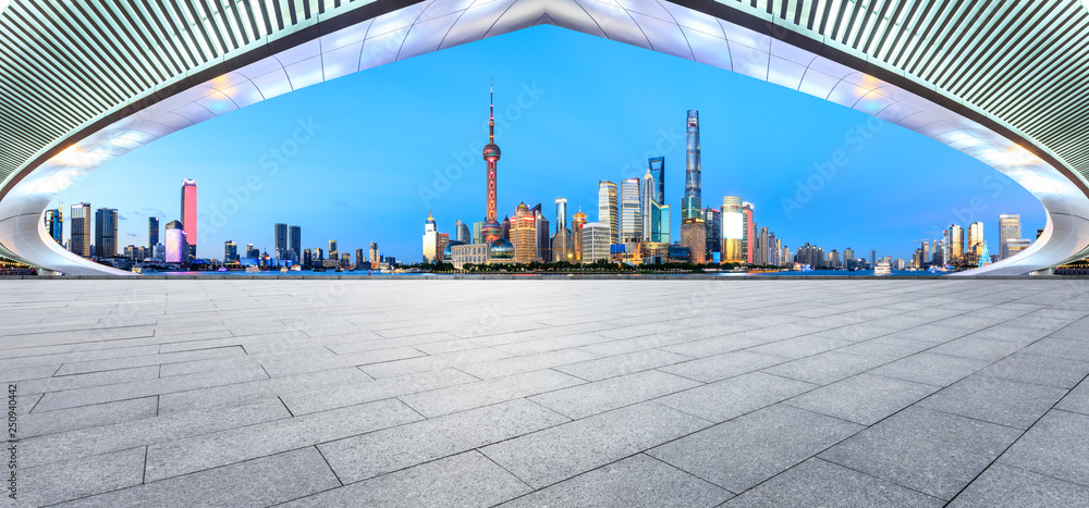 Empty square floor with panoramic city skyline in shanghai,china